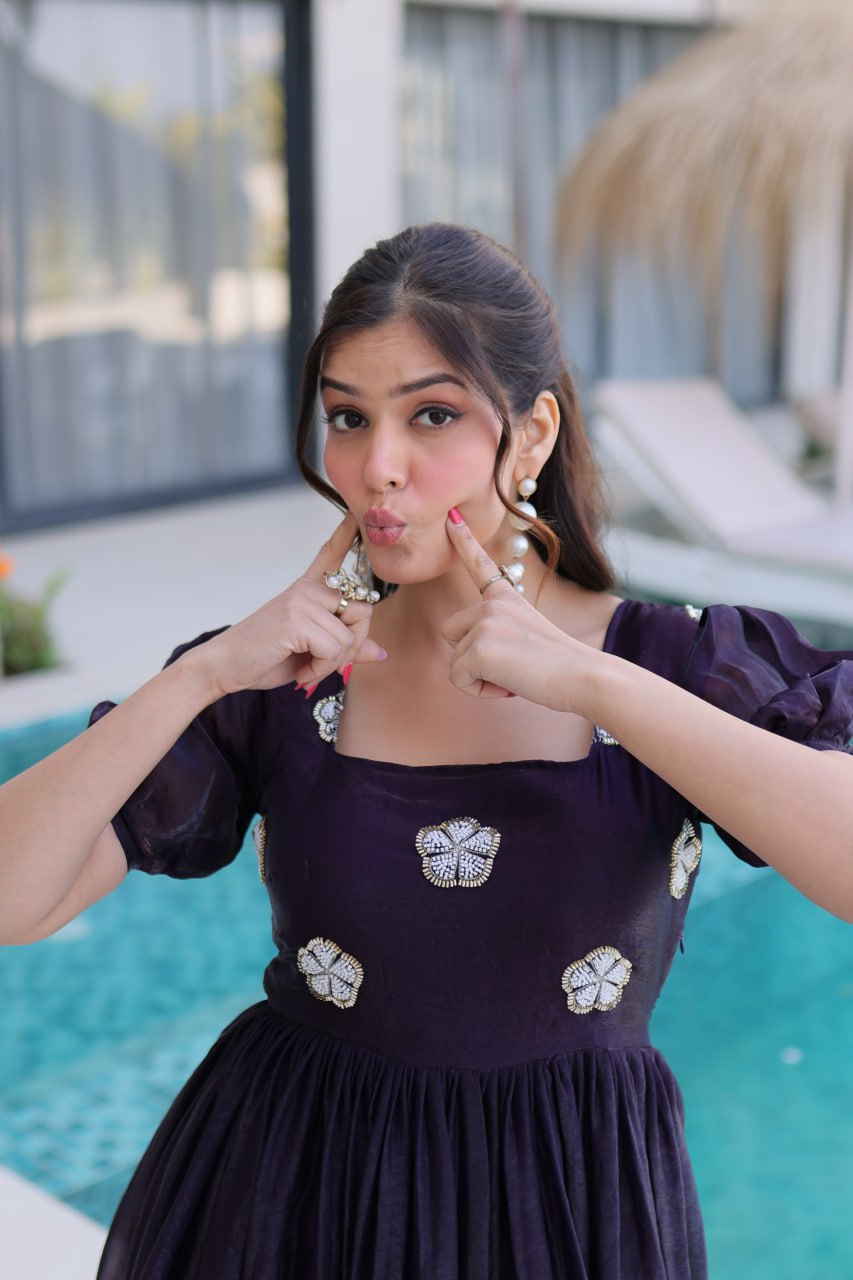 Designer Floral with Beads  Embellished Gown of Purple Color