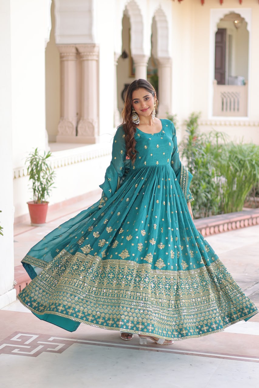 Kalikar Embroidered Work Gown 1216-Firozi