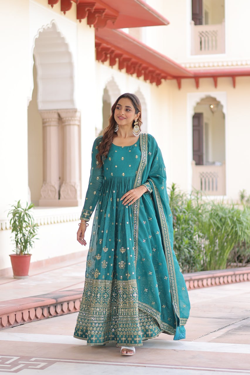 Kalikar Embroidered Work Gown 1216-Firozi