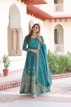 Kalikar Embroidered Work Gown 1216-Firozi Kalikar