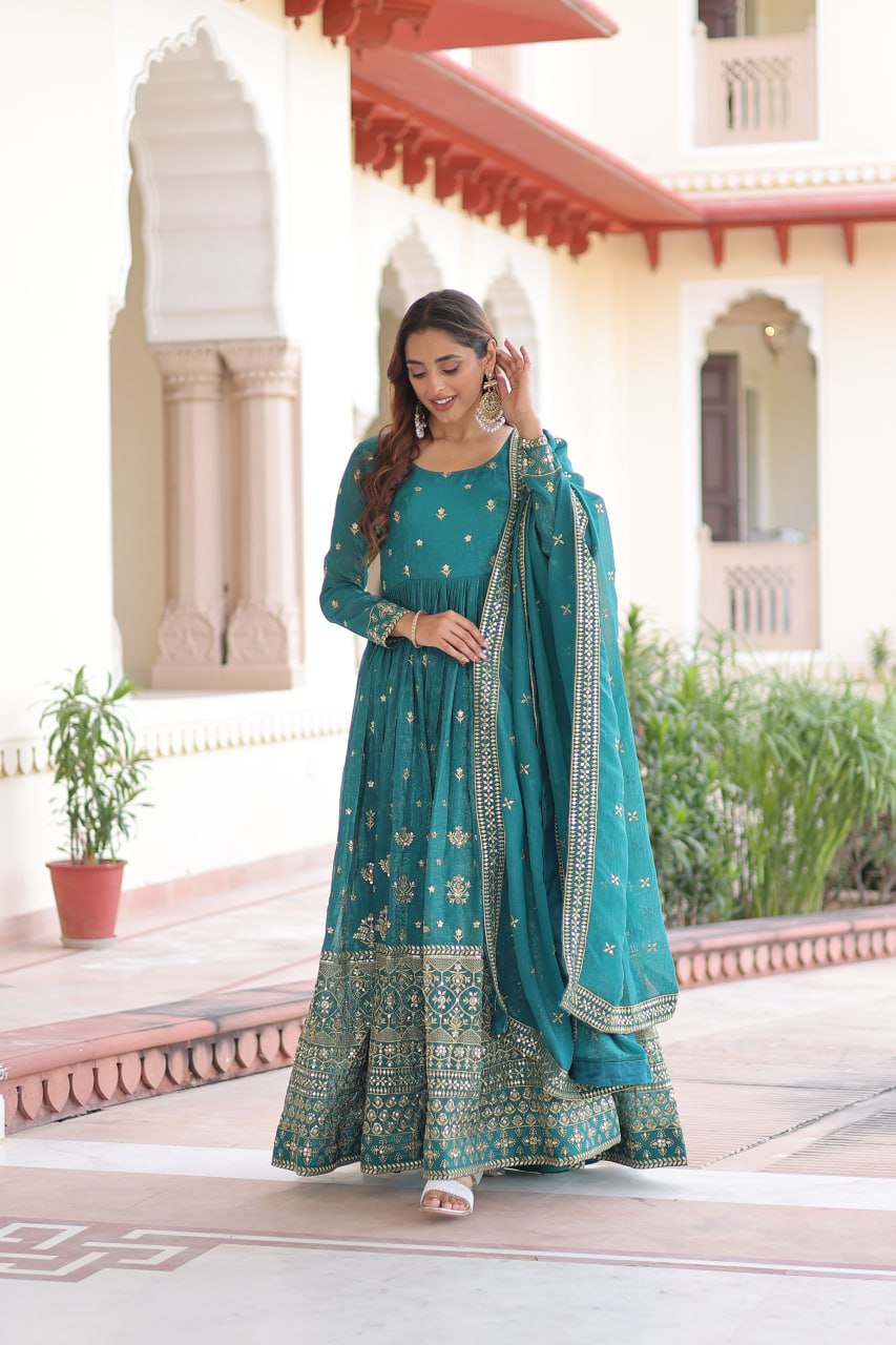 Kalikar Embroidered Work Gown 1216-Firozi