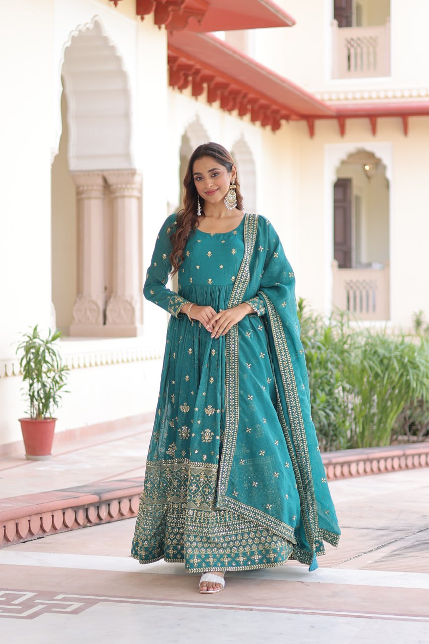 Kalikar Embroidered Work Gown 1216-Firozi Kalikar