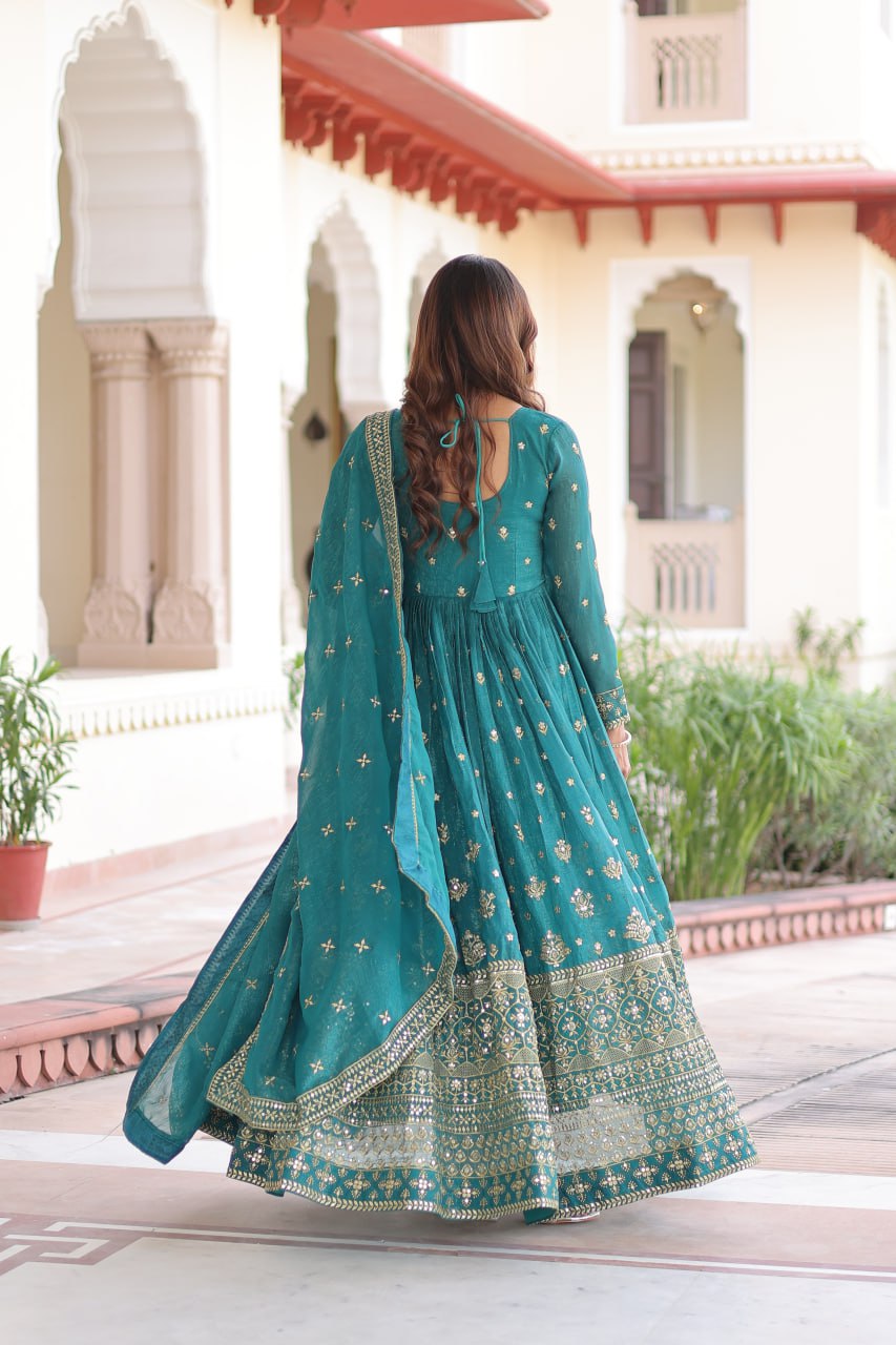 Kalikar Embroidered Work Gown 1216-Firozi Kalikar