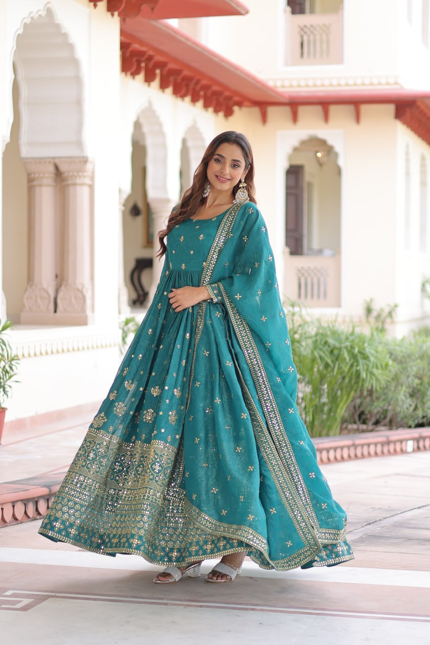 Kalikar Embroidered Work Gown 1216-Firozi Kalikar