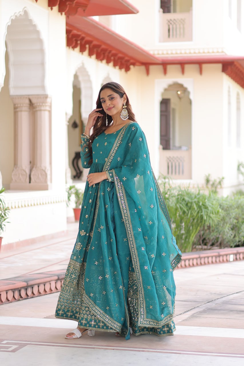 Kalikar Embroidered Work Gown 1216-Firozi Kalikar