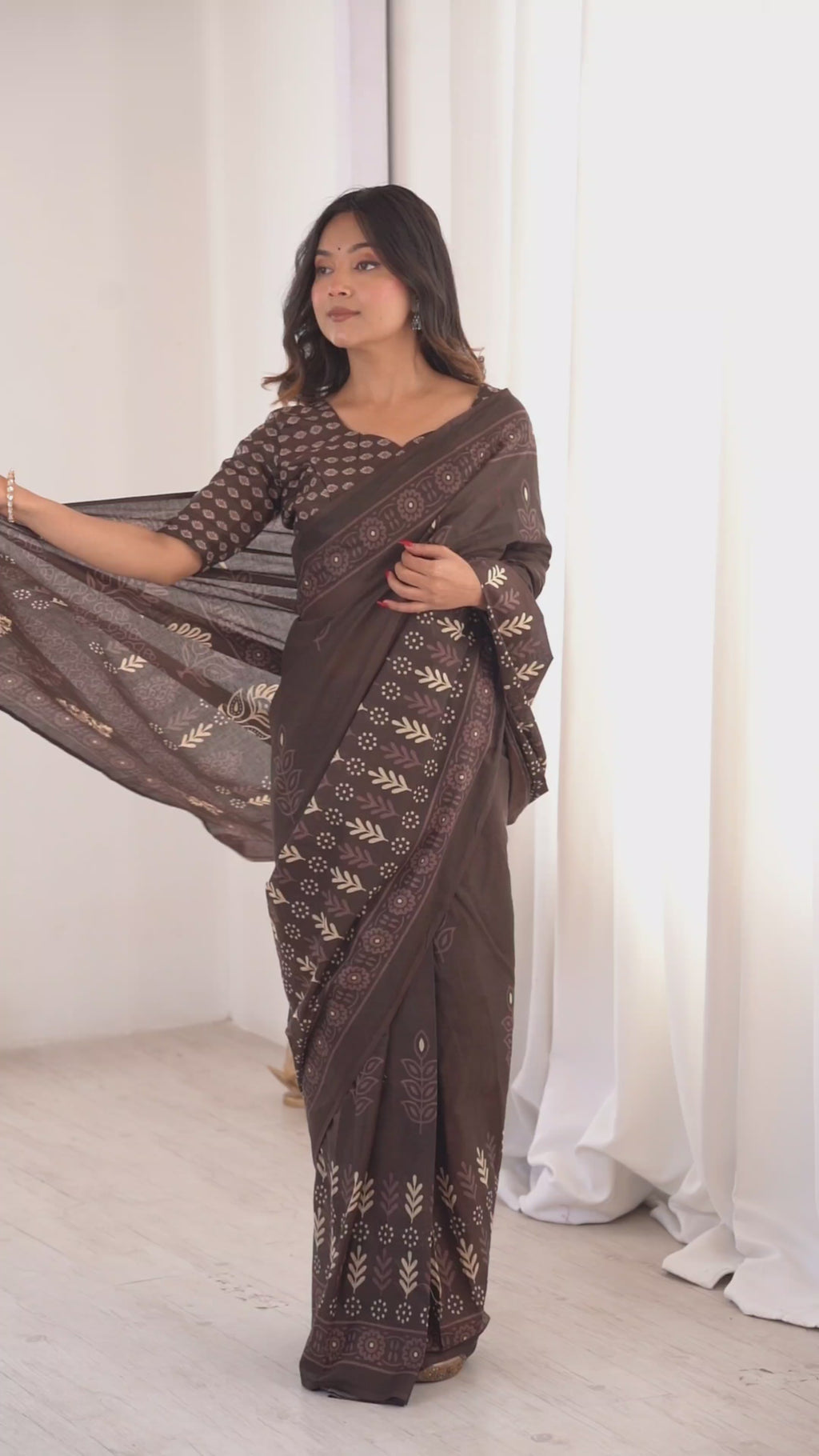Designer Printed Pure Cotton Saree of Brown