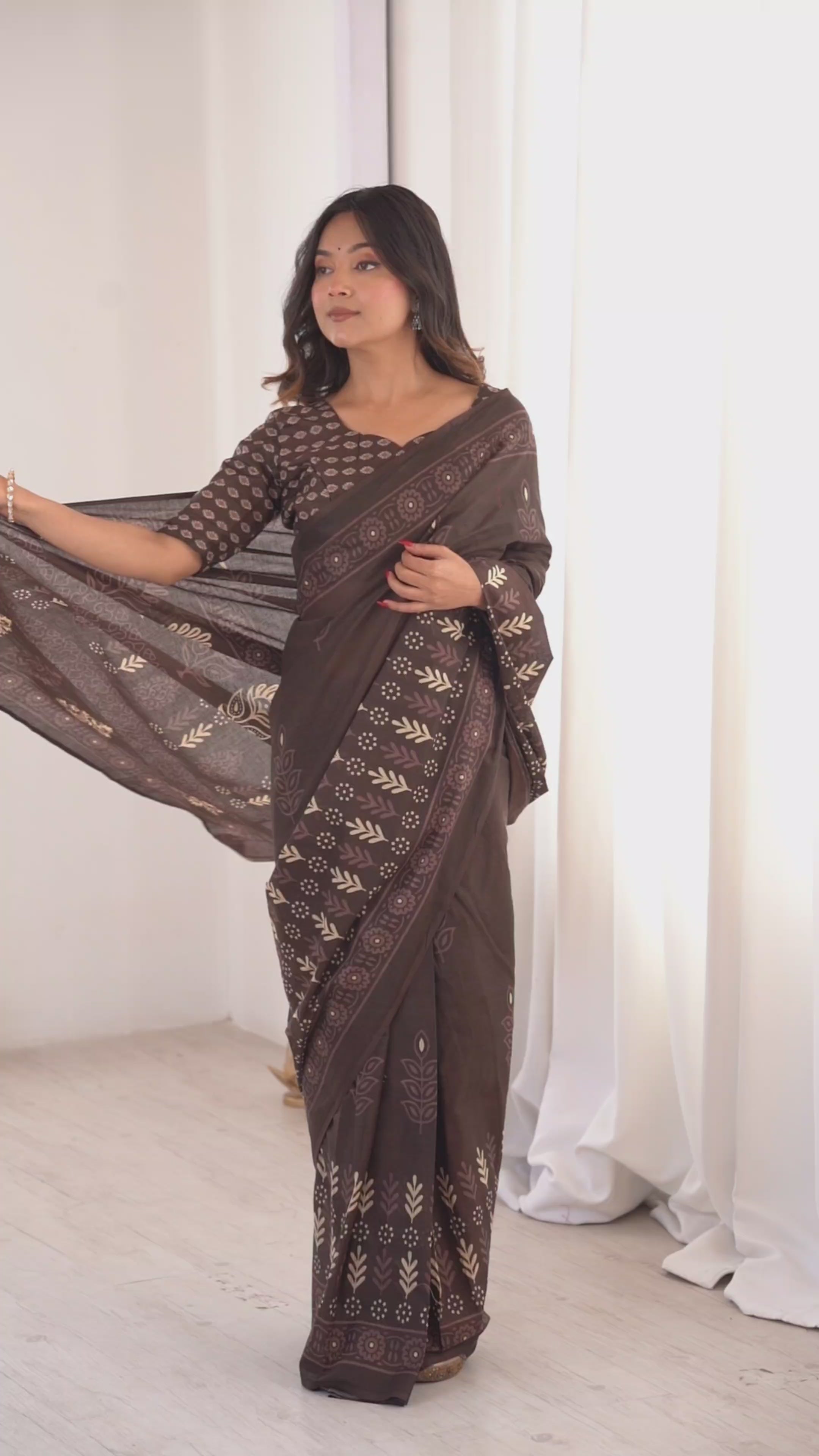 Designer Printed Pure Cotton Saree of Brown