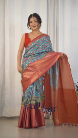 Designer Kalamkari Printed Saree of Blue Color