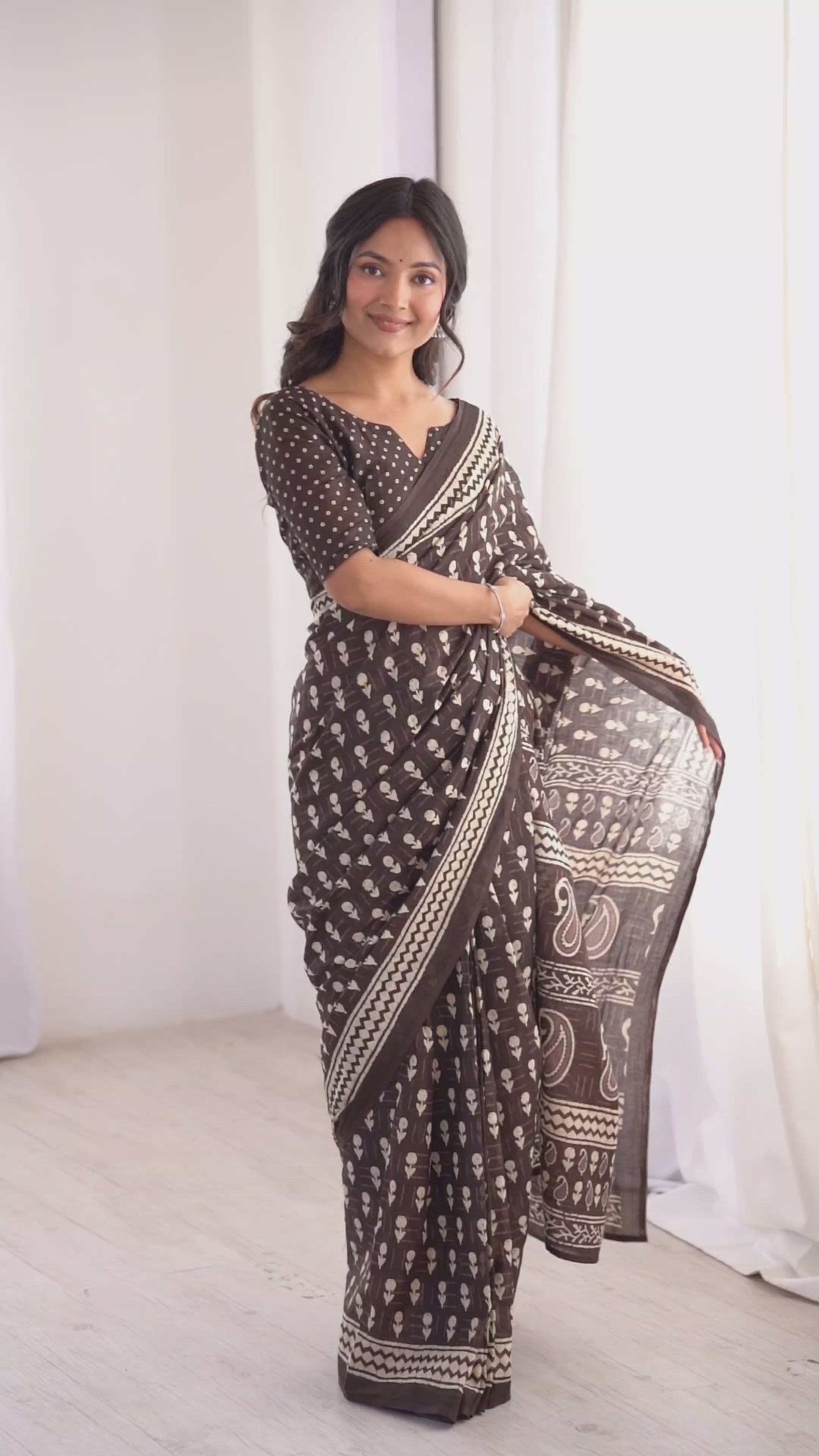 Designer Printed Pure Cotton Saree of Brown