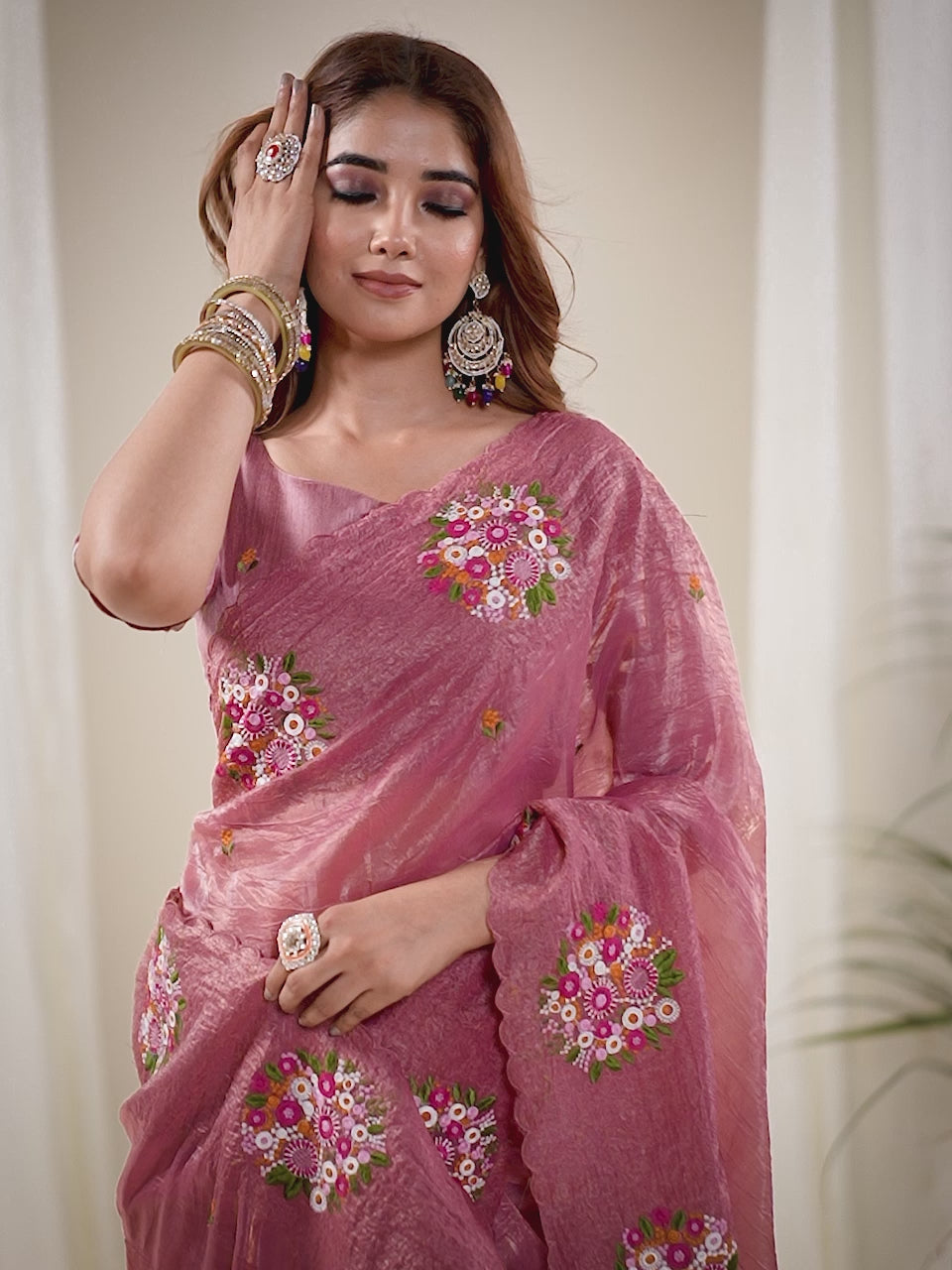 Kalikar Vastraa Gold Crush Malti Color Thread Work Pestal Crimson