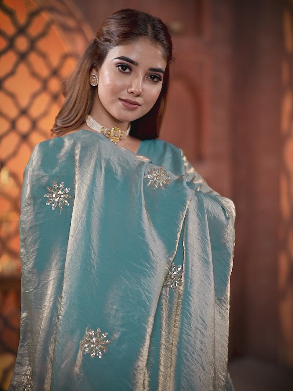 Kalikar Fandy Satin Silk Beads & Pipe Hand Work Butta UNSTITCH -Teal