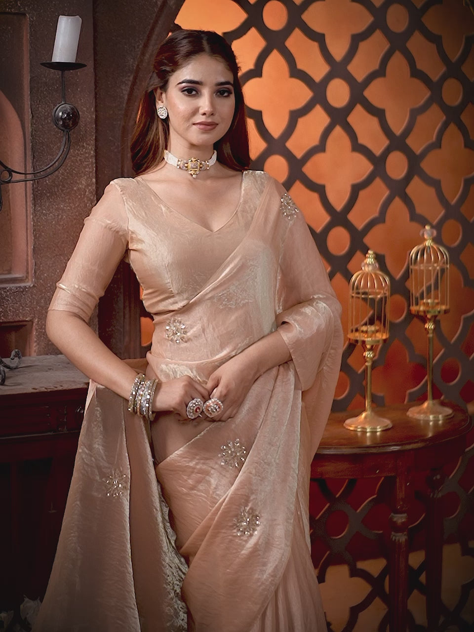 Kalikar Fandy Satin Silk Beads & Pipe Hand Work Butta UNSTITCH -Light Bronze 6018