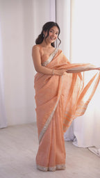 Light Orange Colour Spun Cotton Saree with Embroidered Border with Real Mirror Work