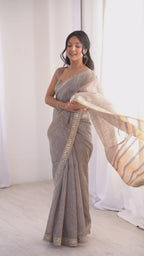 Grey Colour Spun Cotton Saree with Embroidered Border with Real Mirror Work