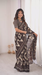 Designer Printed Pure Cotton Saree of Brown