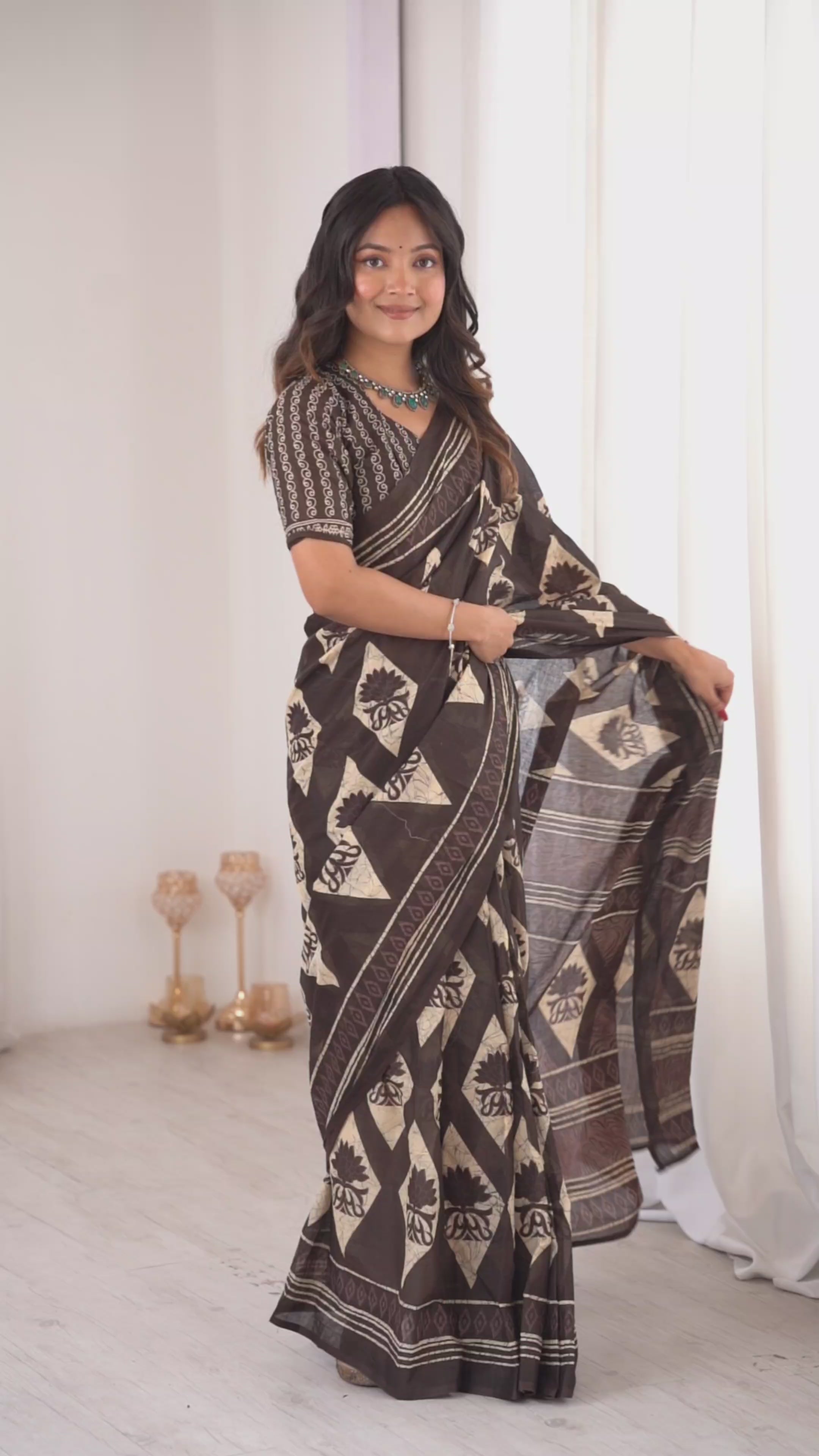 Designer Printed Pure Cotton Saree of Brown