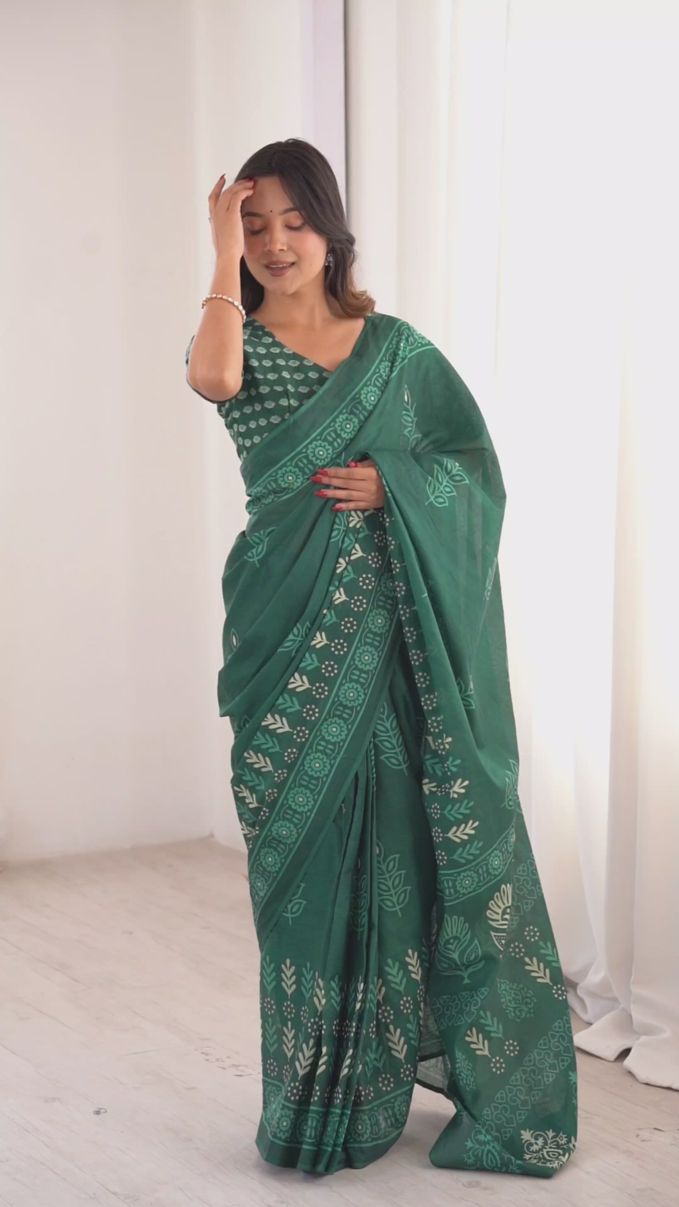 Designer Printed Pure Cotton Saree of Green