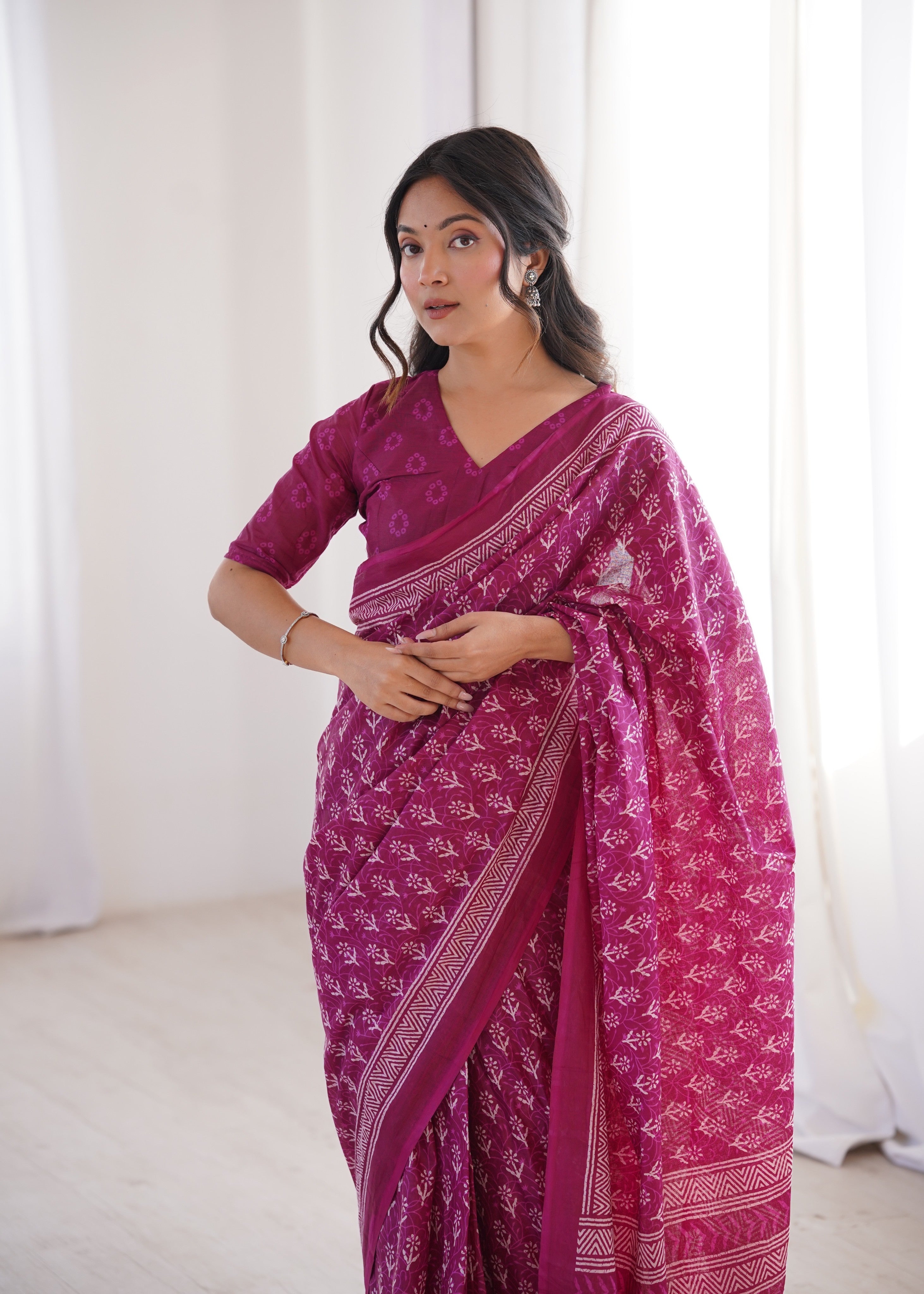 Designer Printed Pure Cotton Saree of Pink