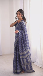 Designer Printed Pure Cotton Saree of Blue