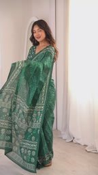 Designer Printed Pure Cotton Saree of Green