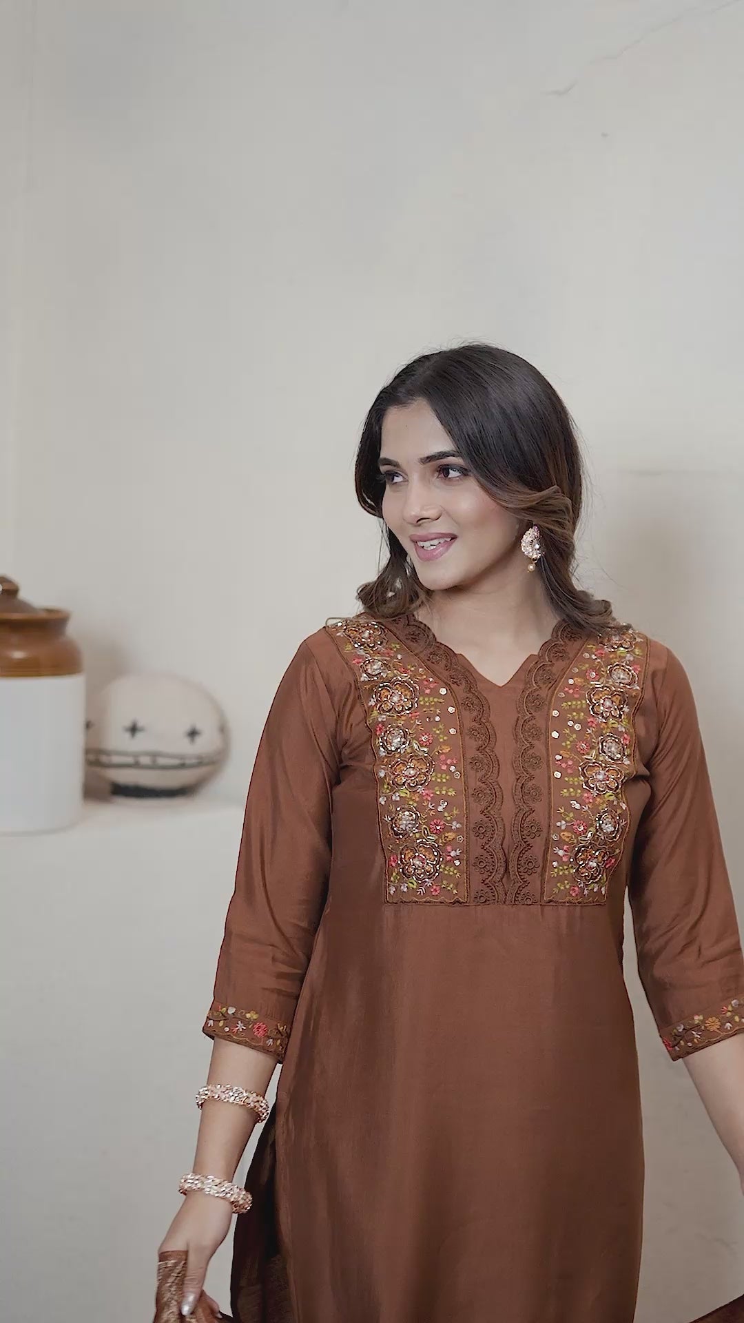 Elegant Straight Kurti Pant Dupatta Set of Coffee