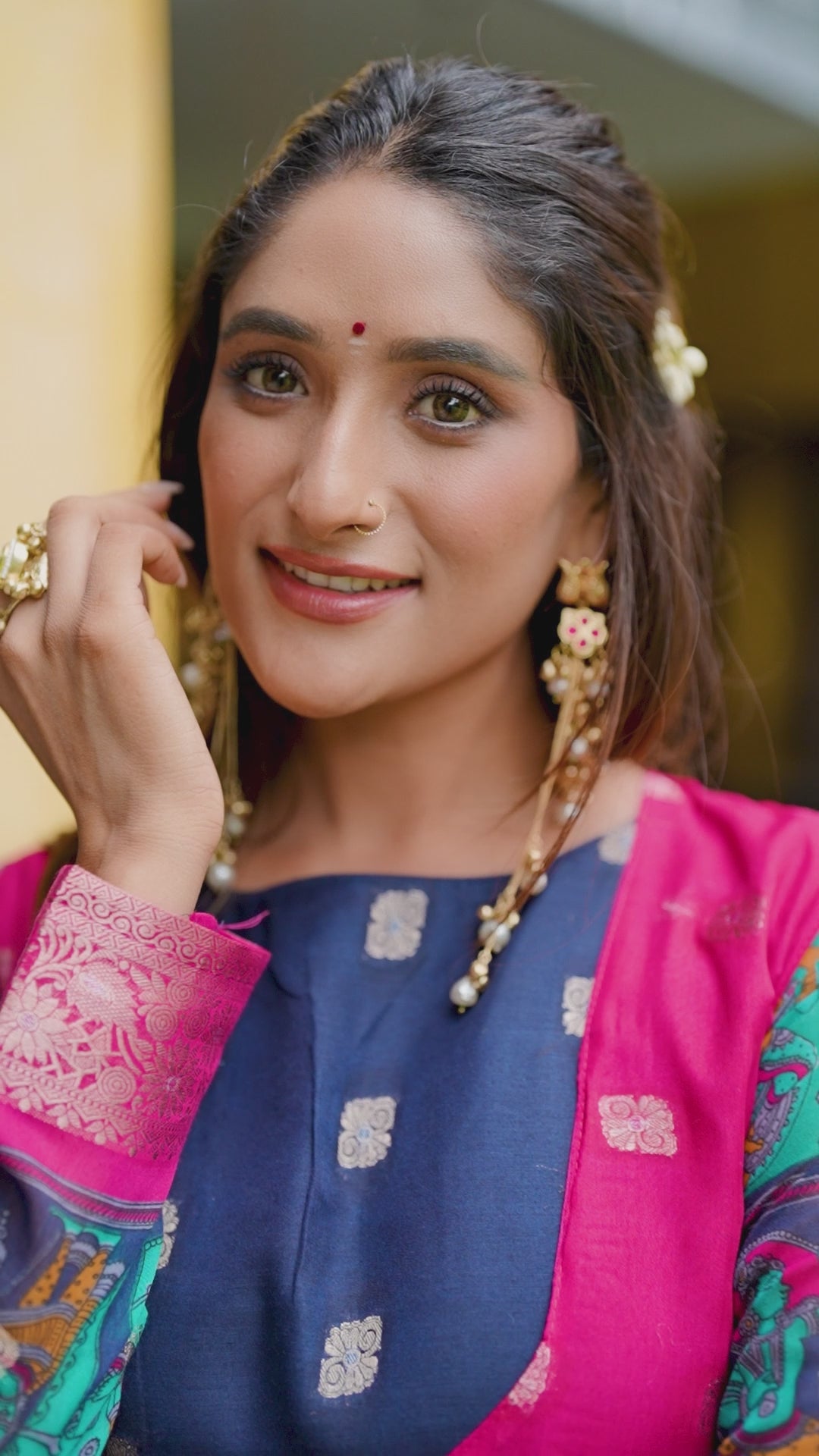 Designer Zari Woven Shrug with Kalamkari Printed Gown of Blue Colour