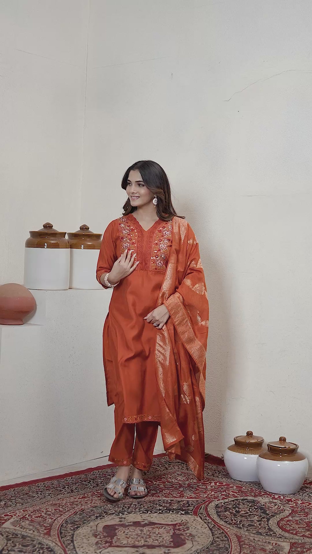 Elegant Straight Kurti Pant Dupatta Set of Rust