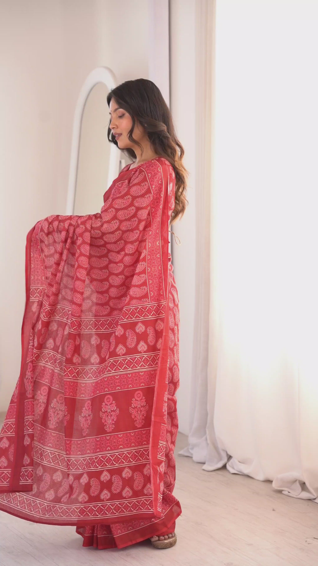 Designer Printed Pure Cotton Saree of Red