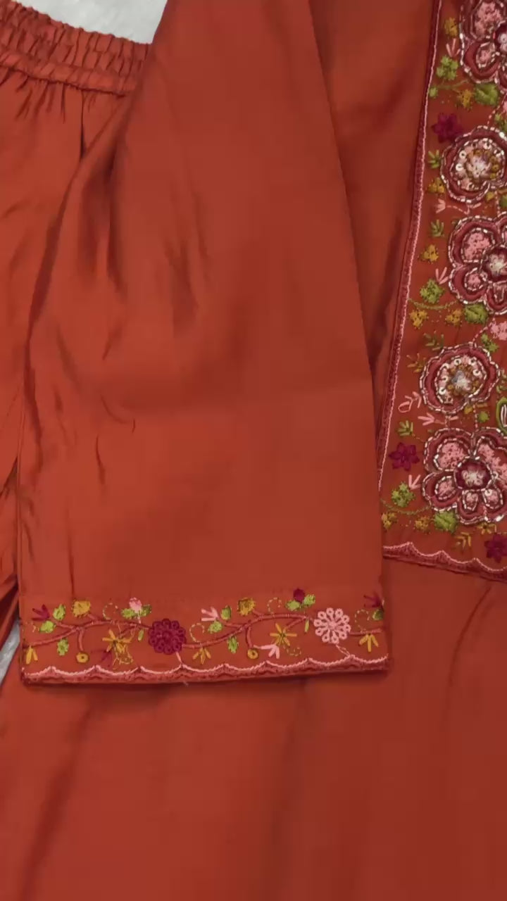 Elegant Straight Kurti Pant Dupatta Set of Rust