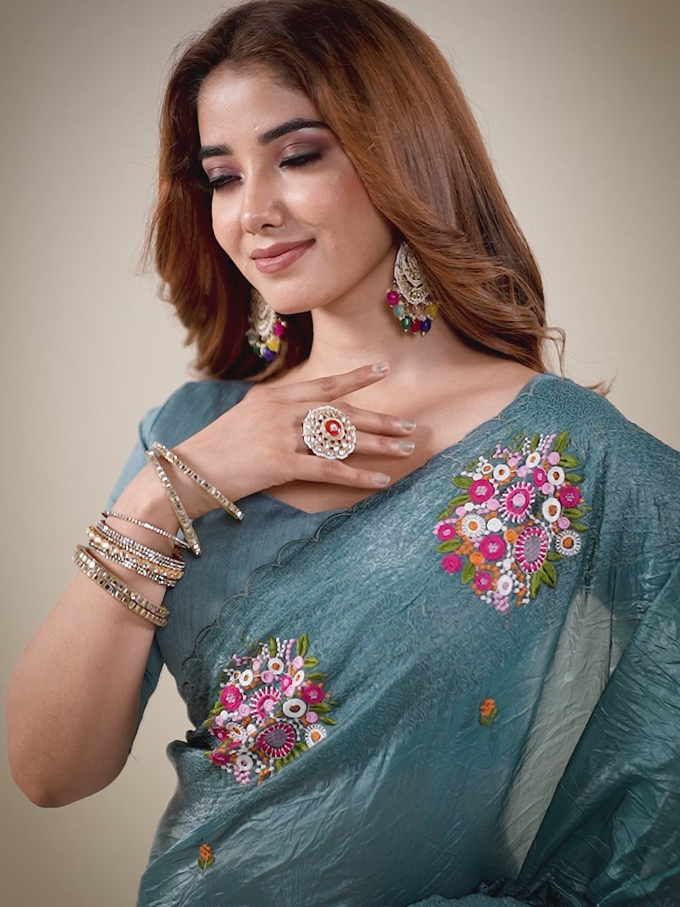 Kalikar Vastraa Gold Crush Malti Color Thread Work Teal