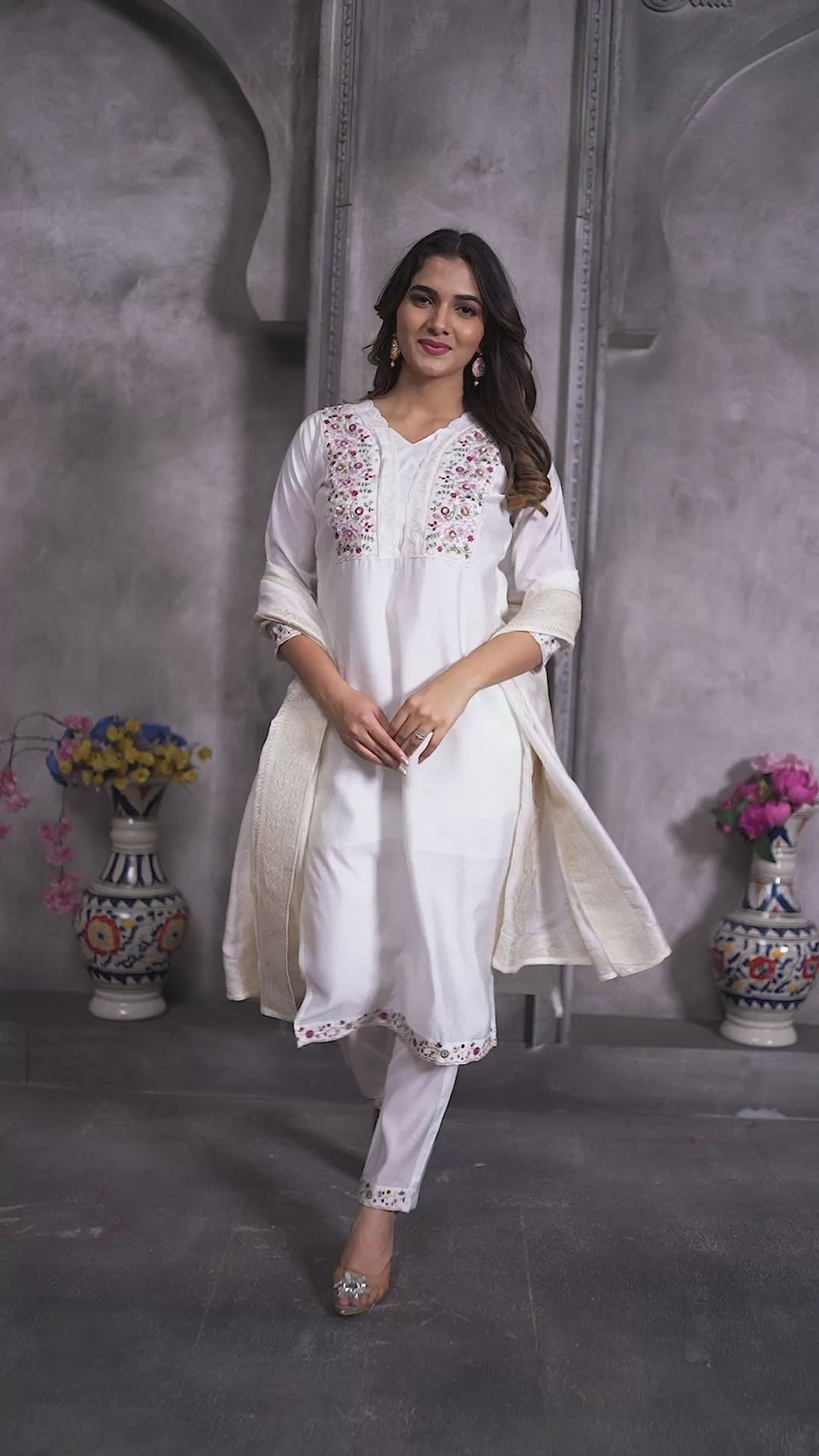 Elegant Straight Kurti Pant Dupatta Set of White