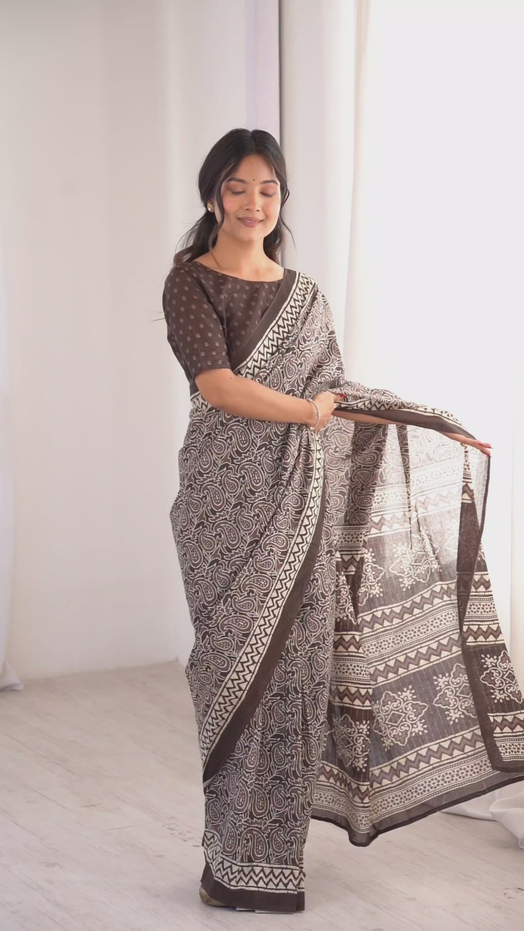 Designer Printed Pure Cotton Saree of Brown