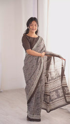 Designer Printed Pure Cotton Saree of Brown