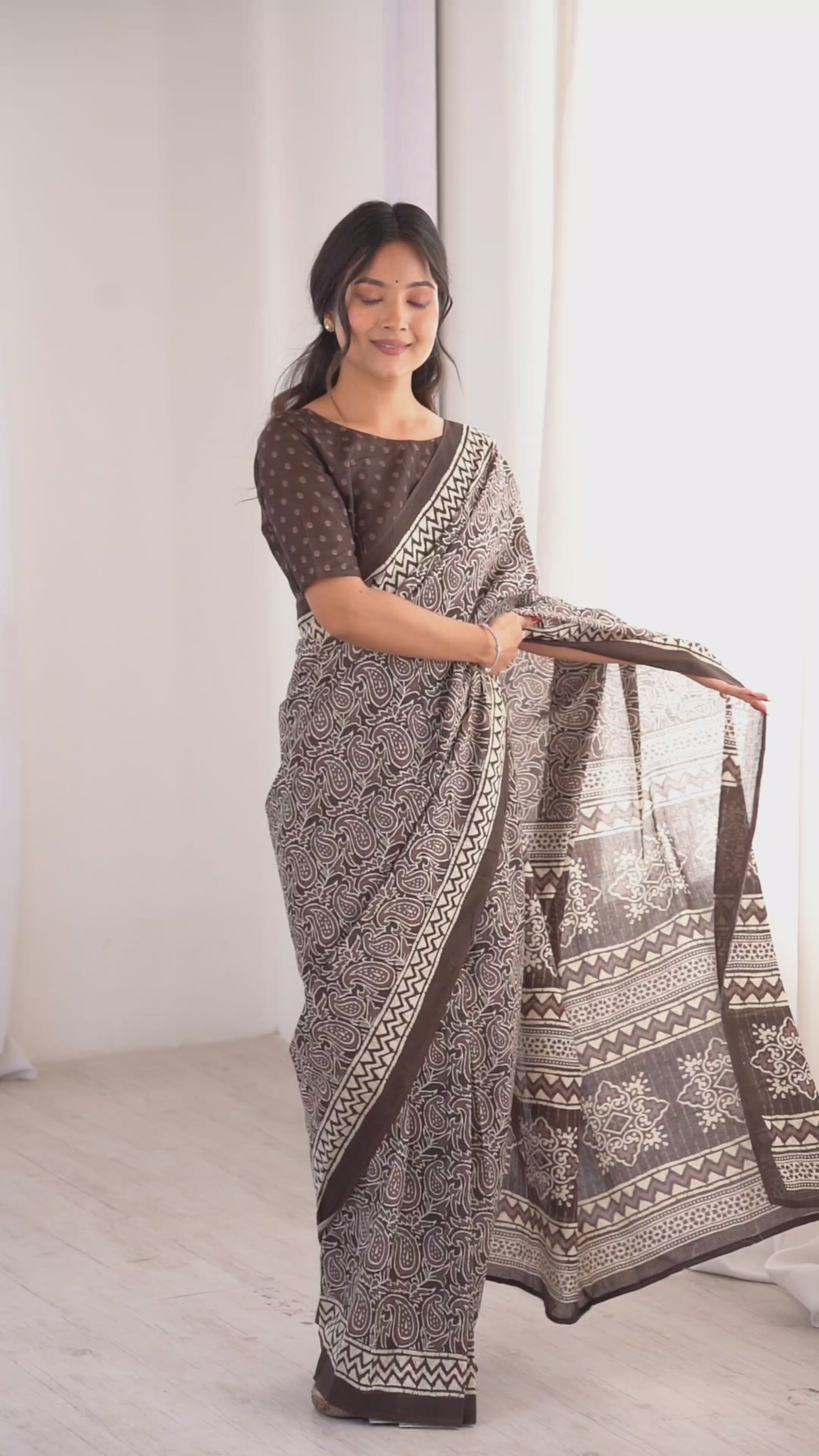 Designer Printed Pure Cotton Saree of Brown