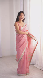 Pink Colour Spun Cotton Saree with Embroidered Border with Real Mirror Work