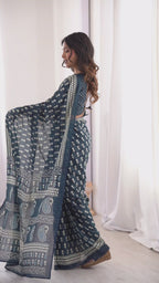 Designer Printed Pure Cotton Saree of Navy Blue