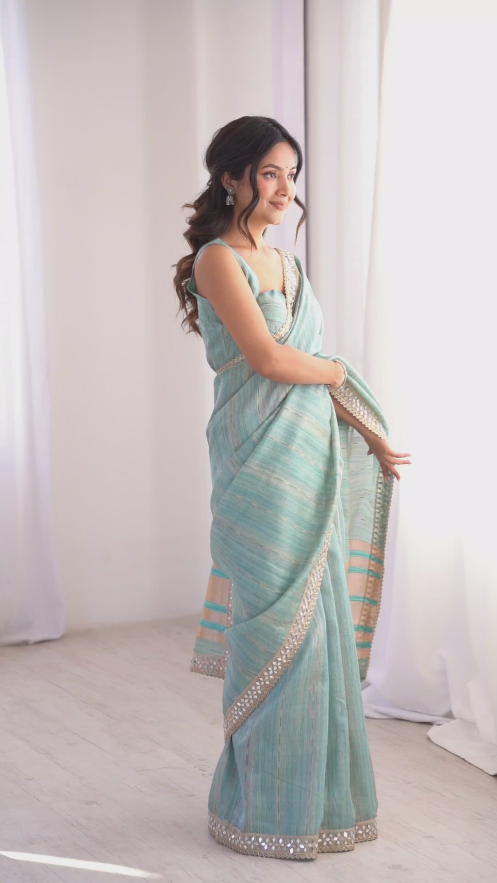 Blue Colour Spun Cotton Saree with Embroidered Border with Real Mirror Work